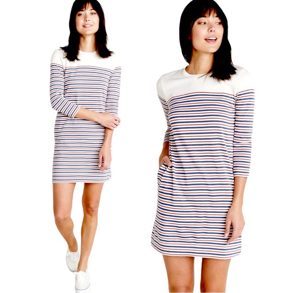 Marine Layer size small cream mini dress blue & red stripes 3/4 sleeve & pockets - Picture 2 of 16